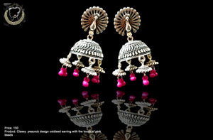 E053_Classy silver oxidized crafted earring with delicate work of pink balls
