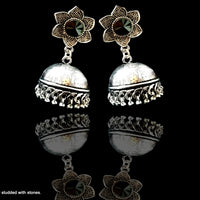 E060_Classy silver oxidized crafted earring with delicate work of Black stone.