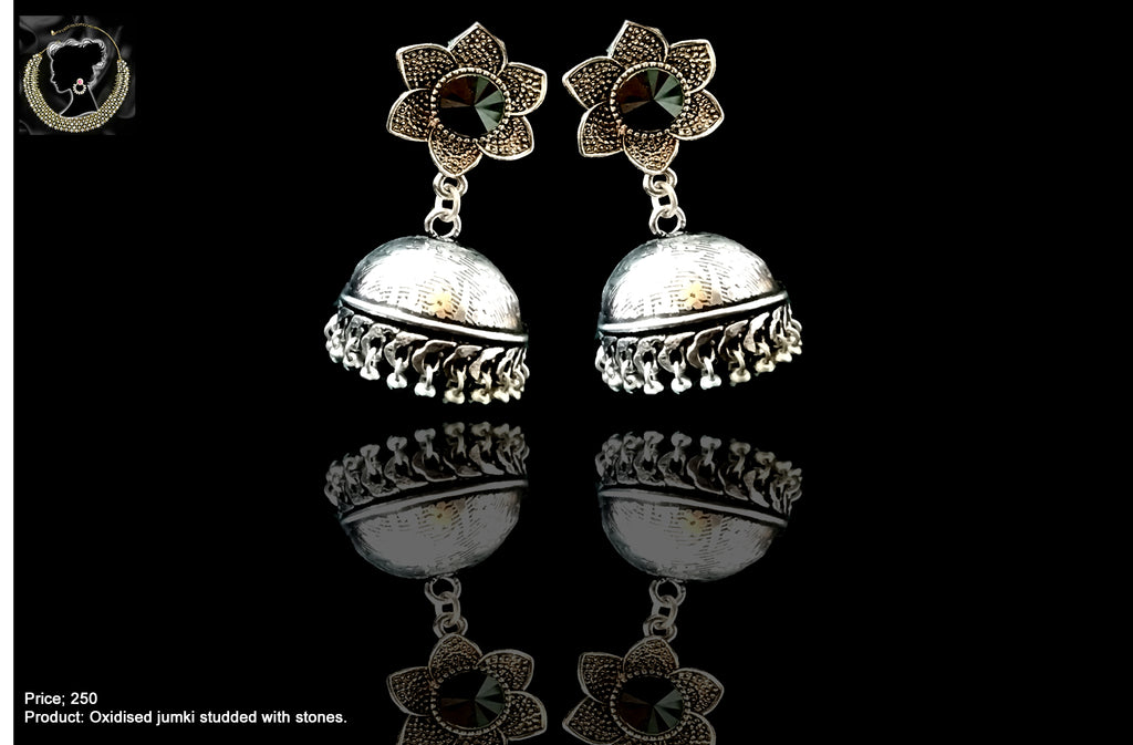 E060_Classy silver oxidized crafted earring with delicate work of Black stone.