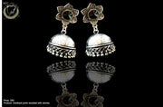 E060_Classy silver oxidized crafted earring with delicate work of Black stone.