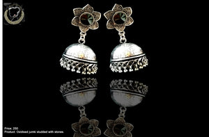 E060_Classy silver oxidized crafted earring with delicate work of Black stone.