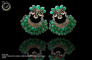 E063_Classy silver oxidized crafted earring with delicate work of green stones.