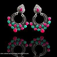 E077_Classy silver oxidized crafted earring with delicate work of pink & green stones