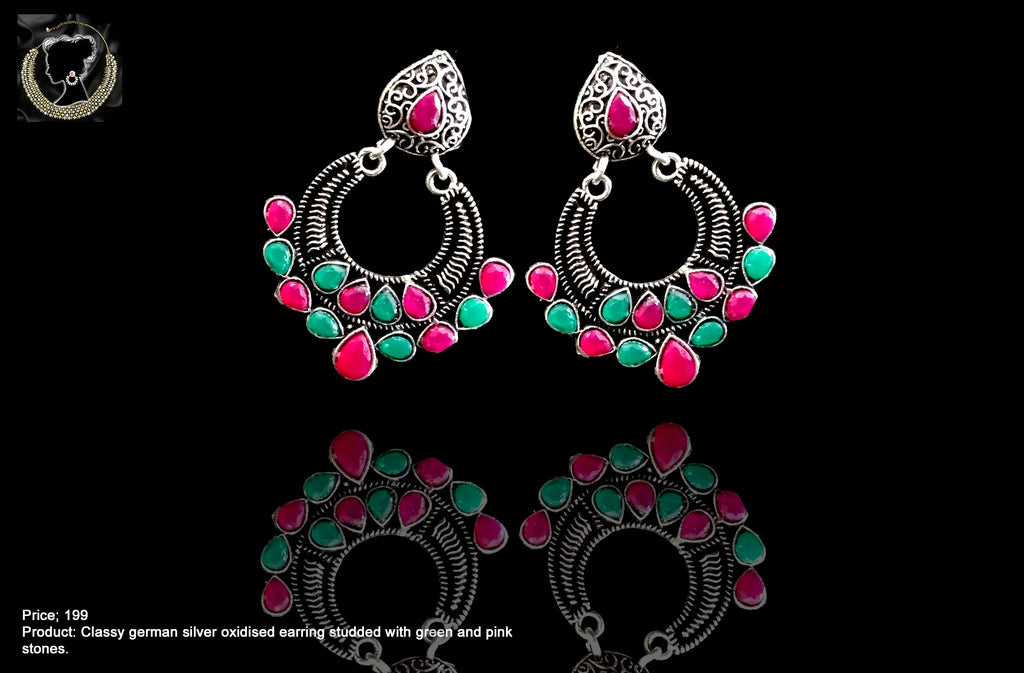E077_Classy silver oxidized crafted earring with delicate work of pink & green stones