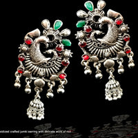 E087_Classy silver oxidized crafted jumki earring with delicate work of red & green stones