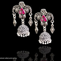 E088_Classy silver oxidized crafted jumki earring with delicate work of pink stones