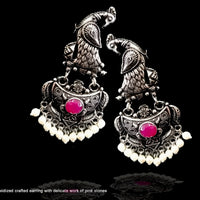 E092_Classy silver oxidized crafted jumki earring with delicate work of pink stones
