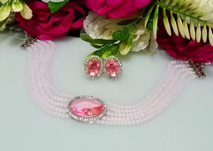 N0145_Classy crepe color crystal choker necklace set studded  with  American diamond stones.