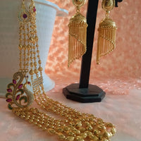 N0310_Lovely traditional style Gold plated layered necklace set with fine art work of peacock designs with a touch of dazzling stones.