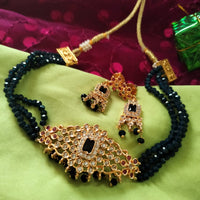 N0390_Elegant designer navy blue crystal choker necklace set with a delicate design pendant studded  with  American diamond stones.