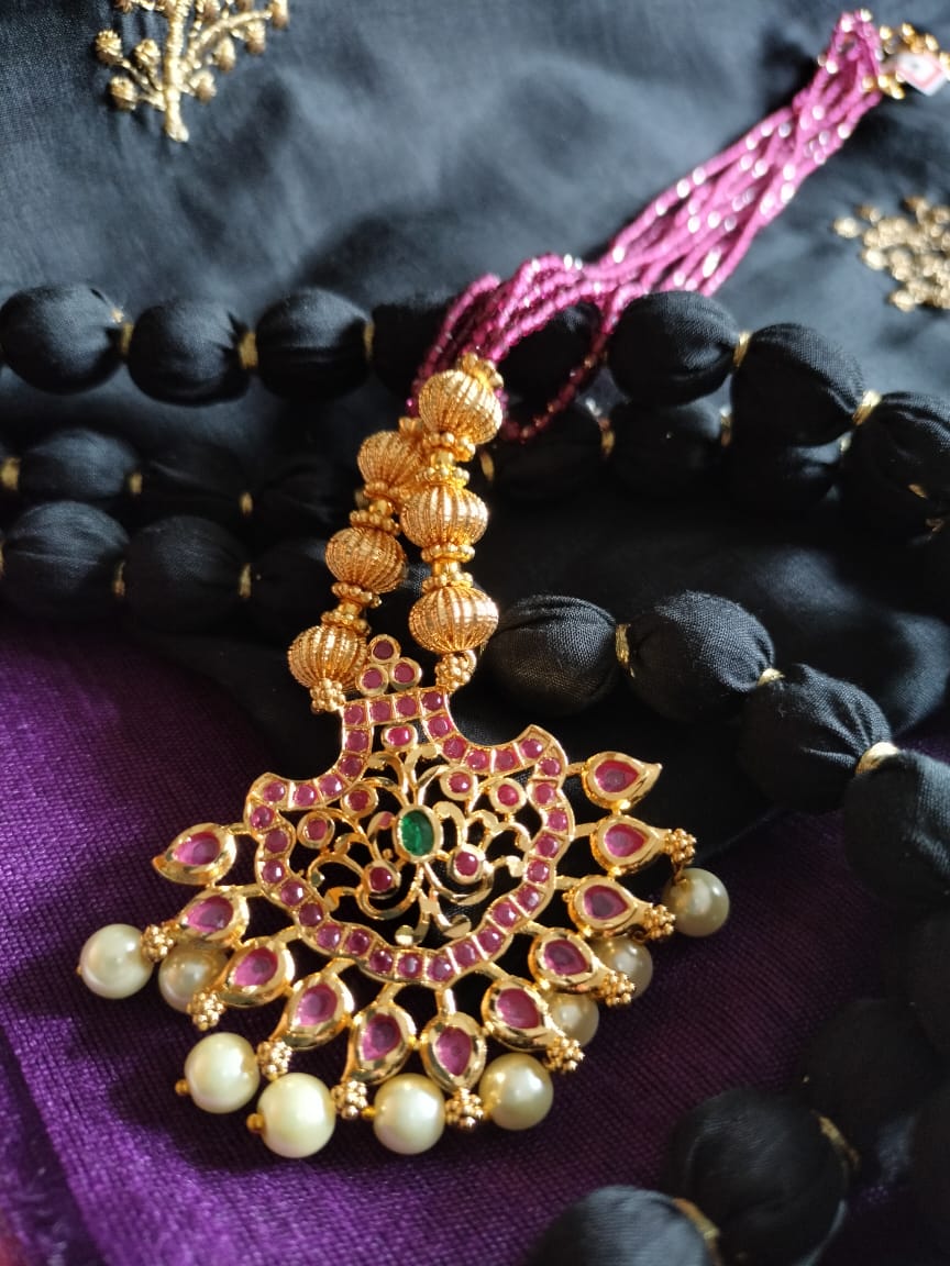 N017_Elegant Micro Gold plated Necklace studded with precious pink & green ruby stones & Magenta colored crystals