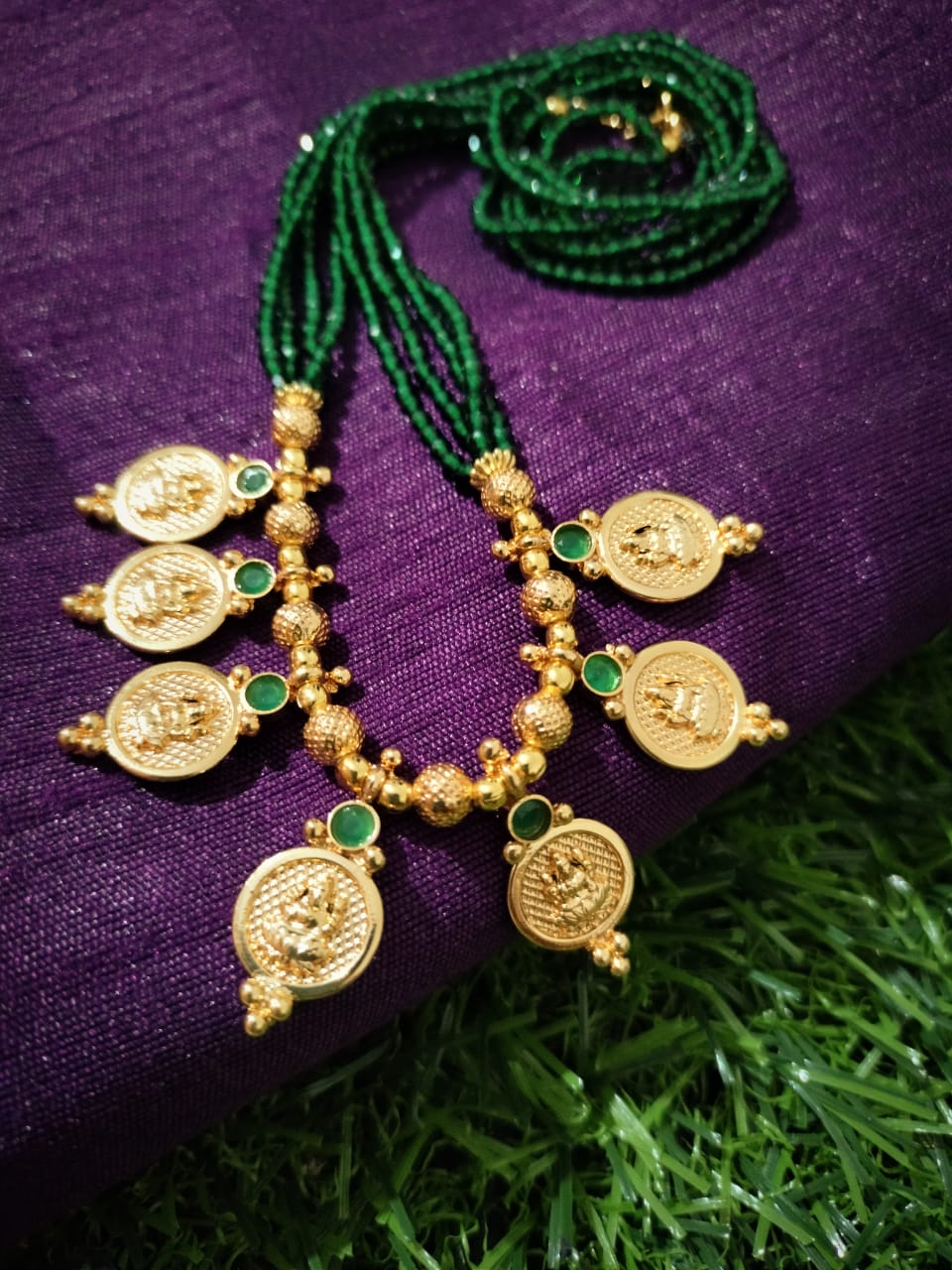 N020_Elegant Micro Gold plated Necklace studded with precious  green ruby stones & green colored crystals
