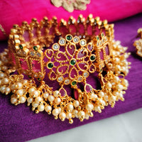 N0401_Classic traditional style flower design Gold plated choker necklace with delicate Pink & green ruby stone work with a touch of pearls.