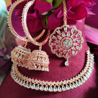 N0424_1_Gorgeous  designer rose gold american diamond embellished necklace set with a touch of  white stones.
