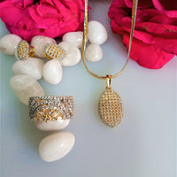 N080_Elegant Gold & Silver plated dual tone necklace set with earrings and ring studded with American Diamond stones.