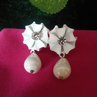 E0546_Lovely flower shaped earrings studded with a touch of stones along with bead drop (ear drop hanging)