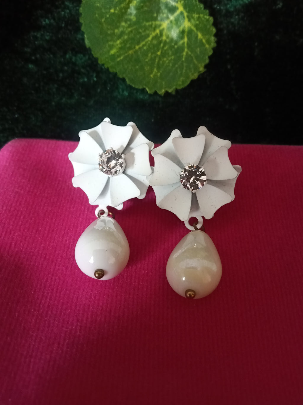 E0546_Lovely flower shaped earrings studded with a touch of stones along with bead drop (ear drop hanging)