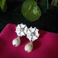 E0546_Lovely flower shaped earrings studded with a touch of stones along with bead drop (ear drop hanging)