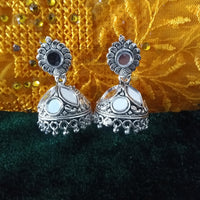 E0628_Lovely German Silver oxidized jumkas with a touch of mirror work (ear drop hanging)