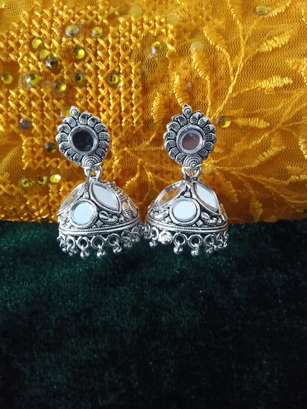 E0628_Lovely German Silver oxidized jumkas with a touch of mirror work (ear drop hanging)
