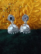 E0628_Lovely German Silver oxidized jumkas with a touch of mirror work (ear drop hanging)