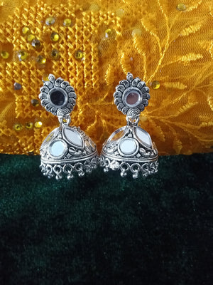 E0628_Lovely German Silver oxidized jumkas with a touch of mirror work (ear drop hanging)