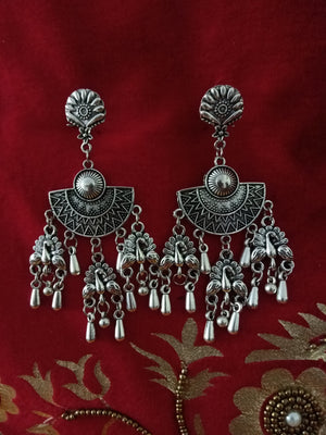 E0630_Lovely German Silver oxidized danglers with peacock design & delicate art work (long hanging)