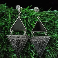 E0743_Trendy german silver oxidized triangle shaped earrings with a touch of delicate art work.
