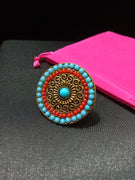 R033_Lovely blue color beads studded ring with delicate designs.