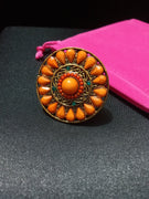 R035_Lovely vibrant orange color stone studded ring with delicate designs.