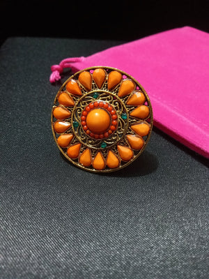 R035_Lovely vibrant orange color stone studded ring with delicate designs.