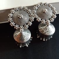 E0629_Lovely German Silver oxidized jumkas with delicate art work (ear drop hanging)
