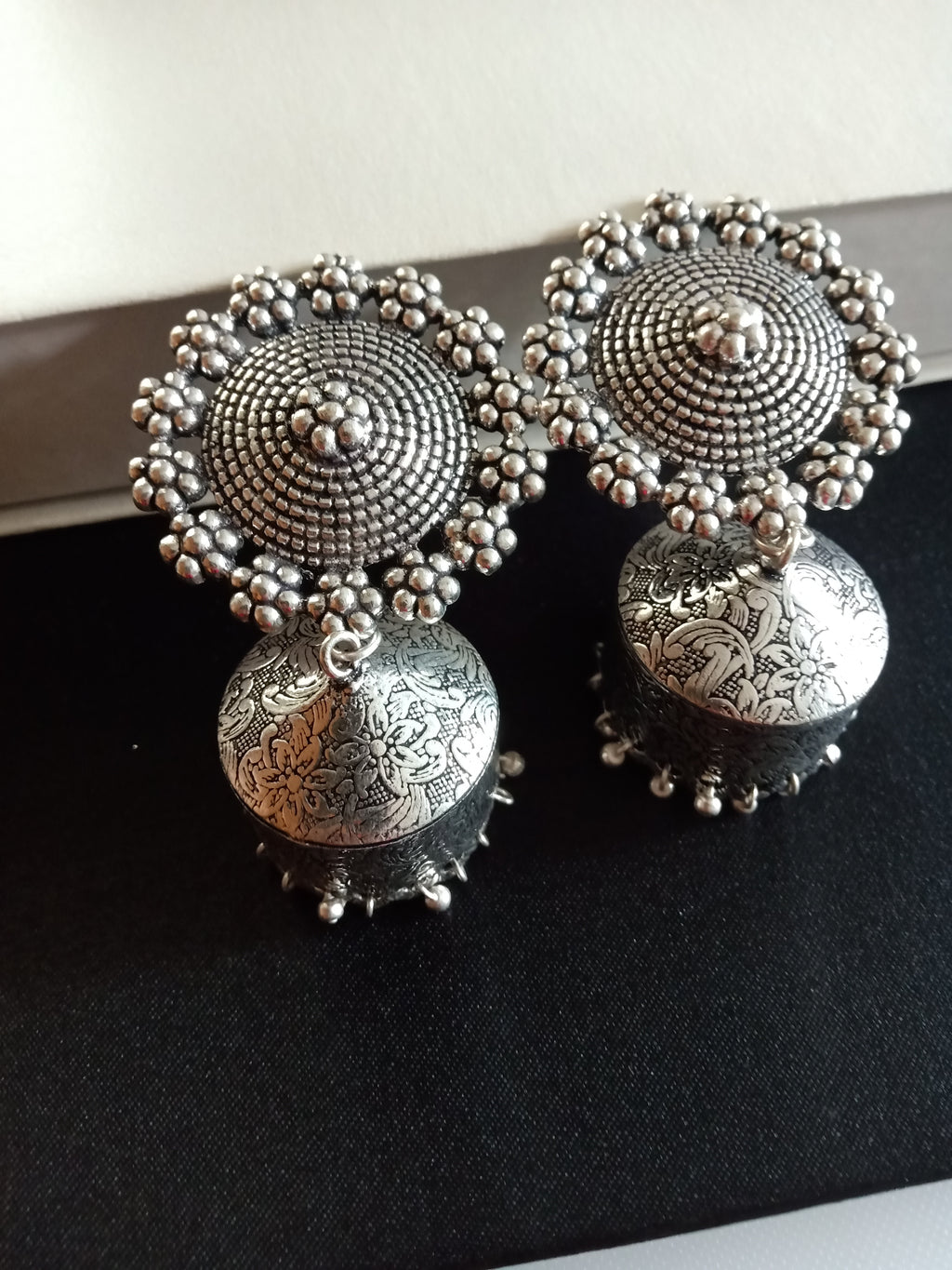 E0629_Lovely German Silver oxidized jumkas with delicate art work (ear drop hanging)