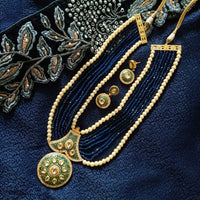 N0133_Gorgeous elaborated blue color Crystal  layered necklace set studded with kundan stones with a touch of pearls.