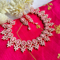 N0428_Elegant designer american diamond embellished necklace with a touch of pink stone work.