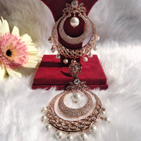 E0856_Classy designer Chandhbali style American Diamond studded danglers with beautiful art work with a touch of pearl drop.