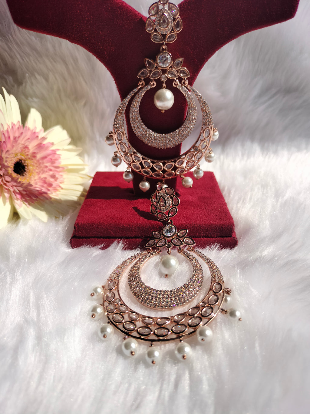 E0856_Classy designer Chandhbali style American Diamond studded danglers with beautiful art work with a touch of pearl drop.