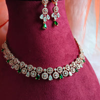 N0437_Elegant american diamond embellished necklace with a touch of green stone work.