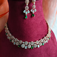 N0437_Elegant american diamond embellished necklace with a touch of green stone work.