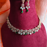 N0437_Elegant american diamond embellished necklace with a touch of green stone work.
