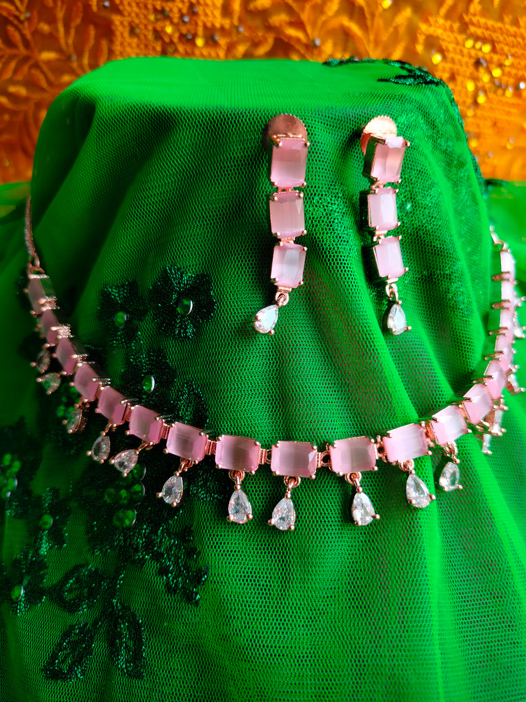 N0470_Classy square shaped American Diamond stones embellished necklace set with delicate stone work with a touch of pink stones.