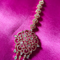 M025_Gorgeous broad designer rose gold American diamond studded Maang tika with delicate stone work.