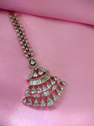 M024_Elegant designer rose gold American diamond studded Maang tika with delicate stone work.