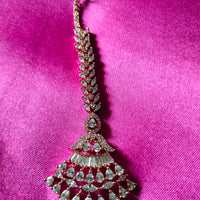 M024_Elegant designer rose gold American diamond studded Maang tika with delicate stone work.