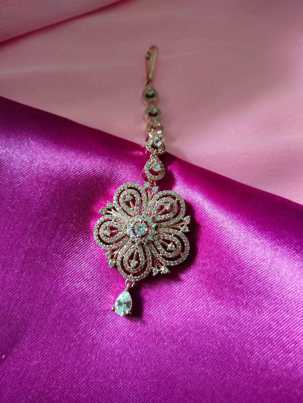 M023_Beautiful rose gold  flower design American diamond studded Maang tika with delicate stone work.