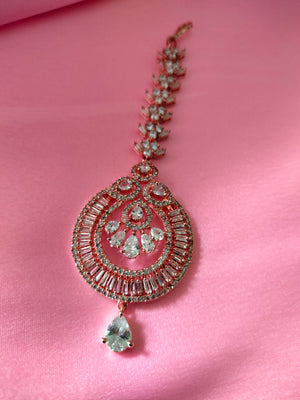 M020_Gorgeous Tear drop shaped American diamond studded rose gold Maang tika.