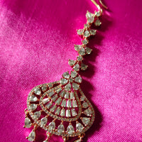 M022_Beautiful rose gold American diamond studded Maang tika with delicate stone work.