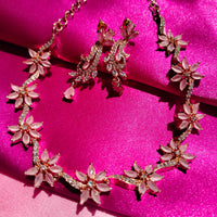 N0488_Lovely flower design american diamond studded choker necklace set with a touch of pink stones.