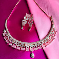 N0487_Gorgeous american diamond studded  choker necklace set with a touch of square shaped pink stones.