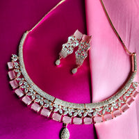 N0487_Gorgeous american diamond studded  choker necklace set with a touch of square shaped pink stones.